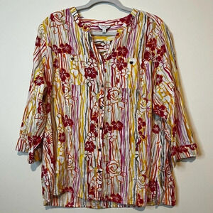 CORAL BAY Striped Beachy Linen Blend Button Down Blouse